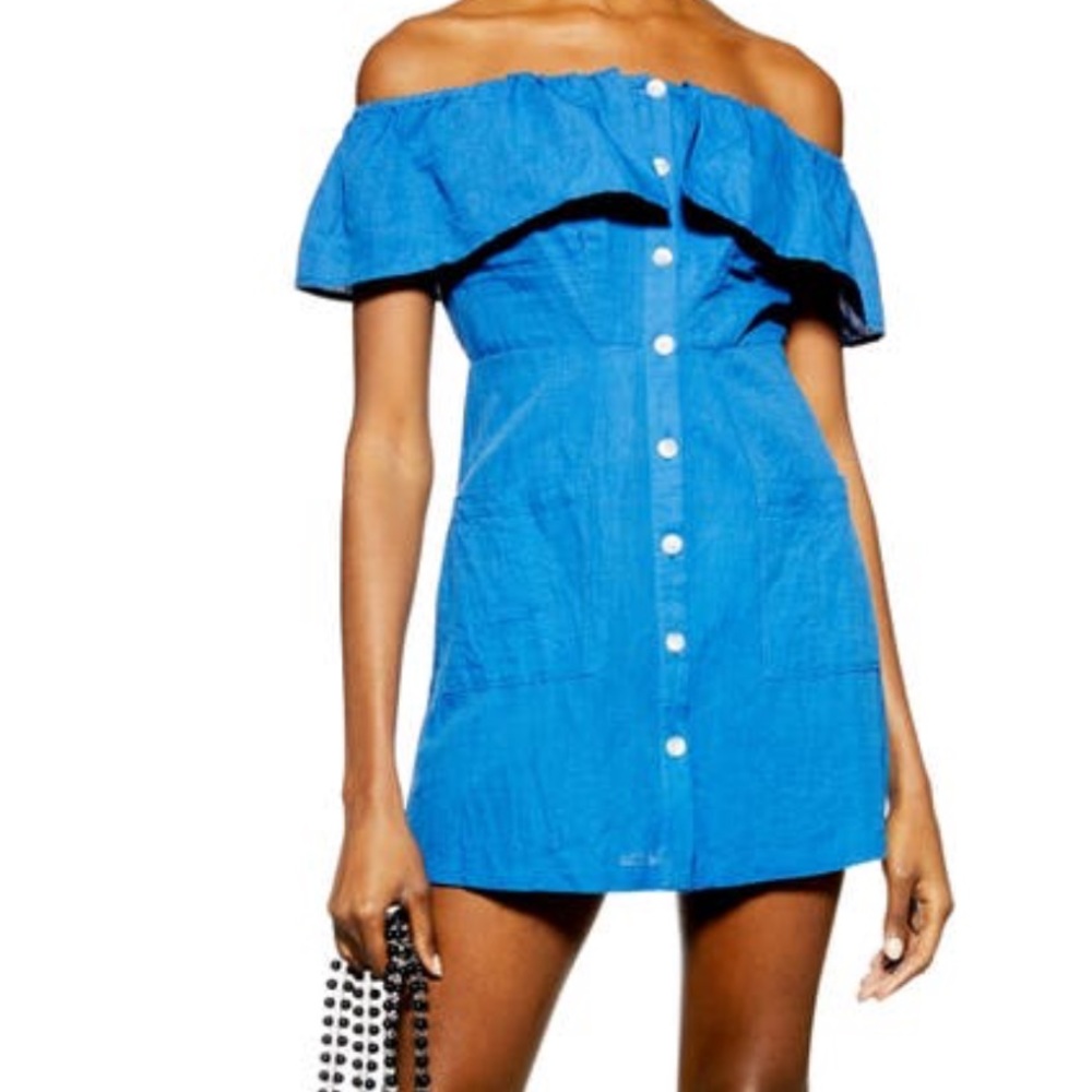Topshop Blue Off Shoulder Ruffle Mini Dress Button Front NWT Size 2 Summer Cute